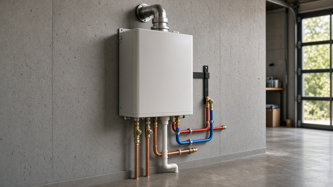 Tankless water heater on a garage wall